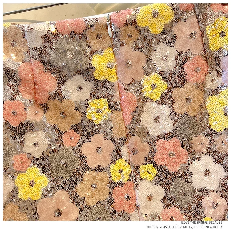 New Summer Fashion Skirt Women Colorful Sequins Floral Embroidered High Waist Slim A-line Elegant Party Skirts Clothing