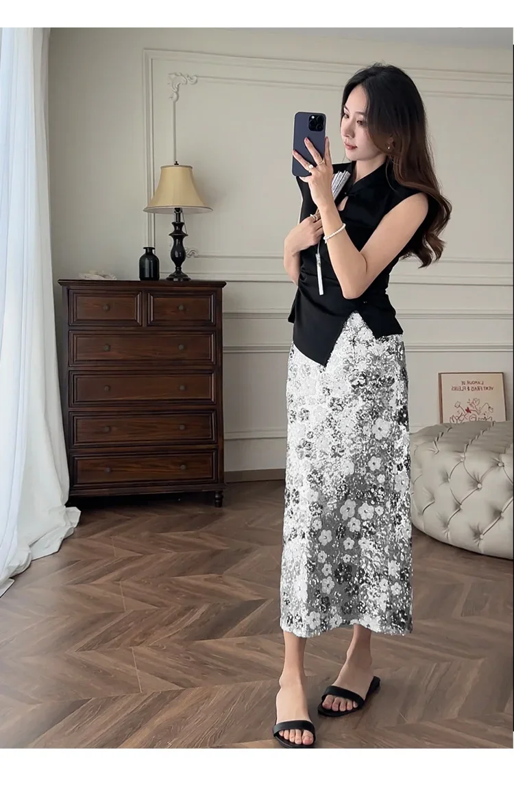 New Summer Fashion Skirt Women Colorful Sequins Floral Embroidered High Waist Slim A-line Elegant Party Skirts Clothing