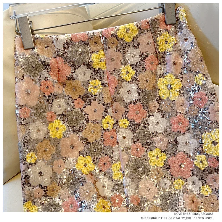 New Summer Fashion Skirt Women Colorful Sequins Floral Embroidered High Waist Slim A-line Elegant Party Skirts Clothing