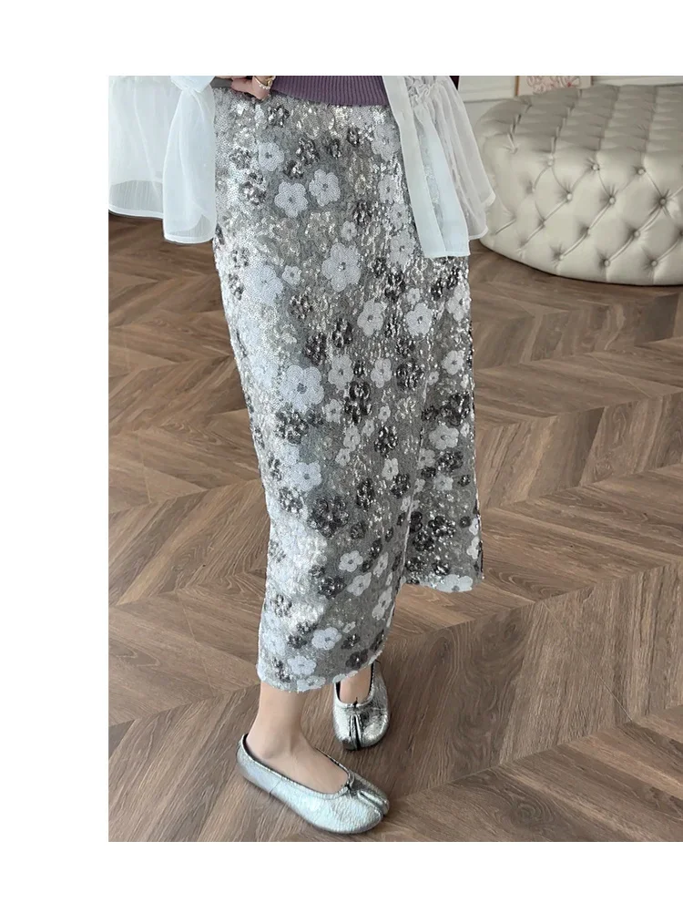 New Summer Fashion Skirt Women Colorful Sequins Floral Embroidered High Waist Slim A-line Elegant Party Skirts Clothing