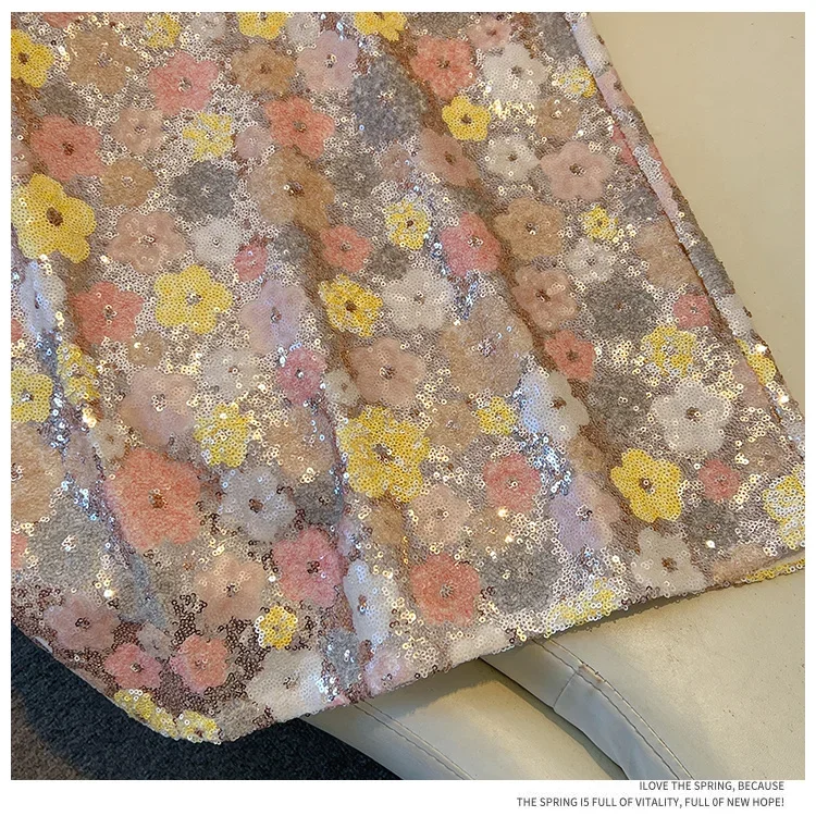 New Summer Fashion Skirt Women Colorful Sequins Floral Embroidered High Waist Slim A-line Elegant Party Skirts Clothing