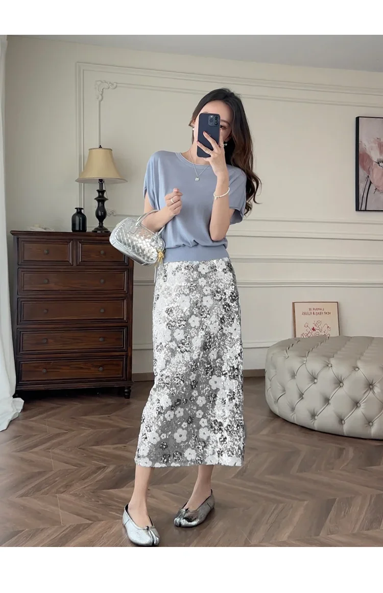 New Summer Fashion Skirt Women Colorful Sequins Floral Embroidered High Waist Slim A-line Elegant Party Skirts Clothing