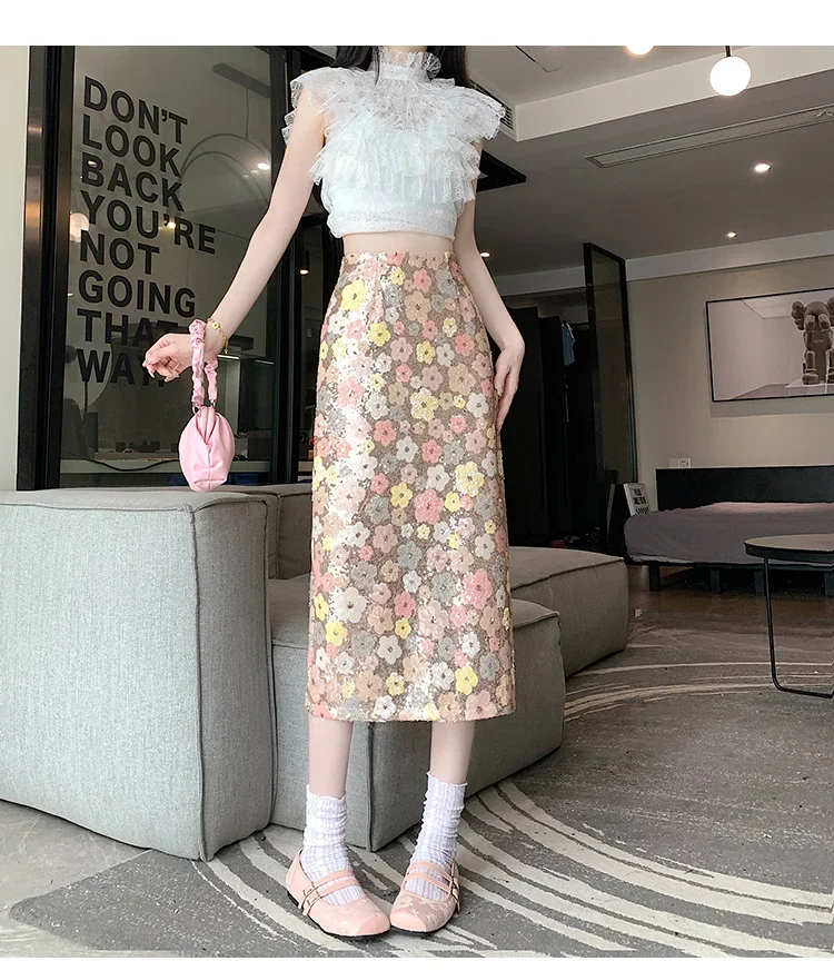 New Summer Fashion Skirt Women Colorful Sequins Floral Embroidered High Waist Slim A-line Elegant Party Skirts Clothing