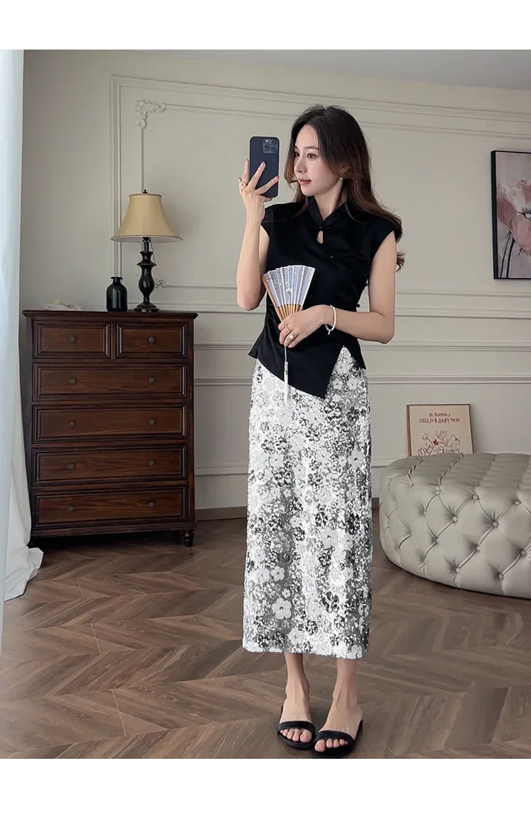 New Summer Fashion Skirt Women Colorful Sequins Floral Embroidered High Waist Slim A-line Elegant Party Skirts Clothing