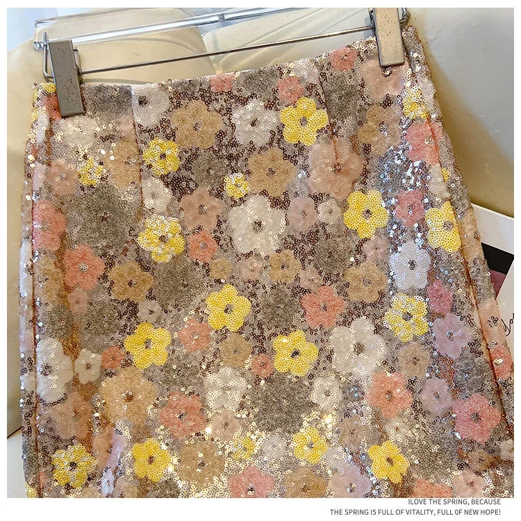 New Summer Fashion Skirt Women Colorful Sequins Floral Embroidered High Waist Slim A-line Elegant Party Skirts Clothing