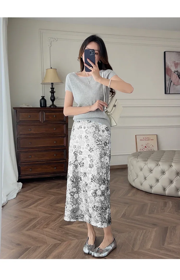 New Summer Fashion Skirt Women Colorful Sequins Floral Embroidered High Waist Slim A-line Elegant Party Skirts Clothing