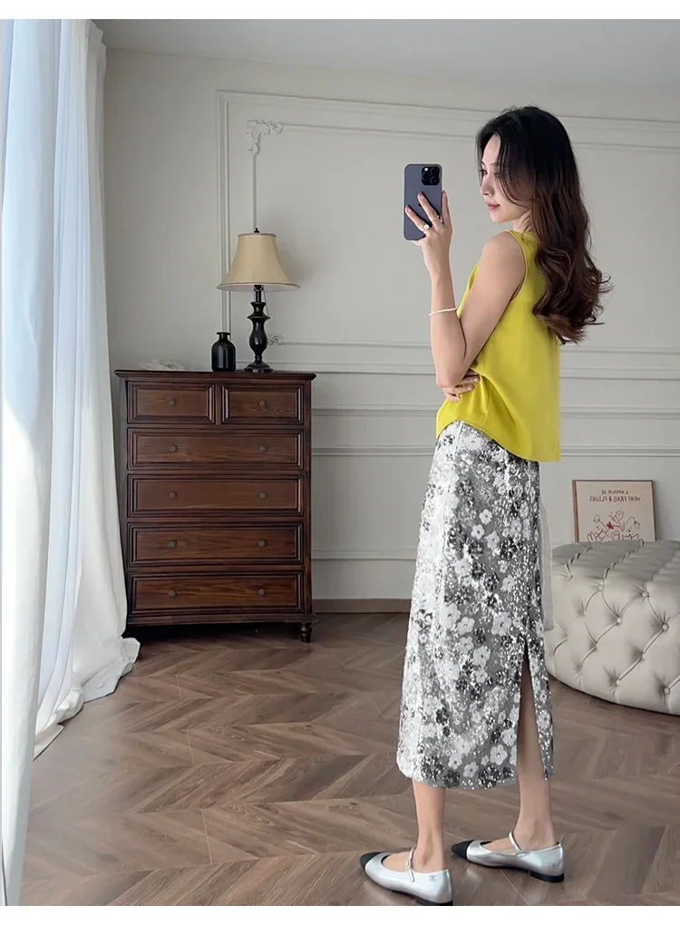 New Summer Fashion Skirt Women Colorful Sequins Floral Embroidered High Waist Slim A-line Elegant Party Skirts Clothing