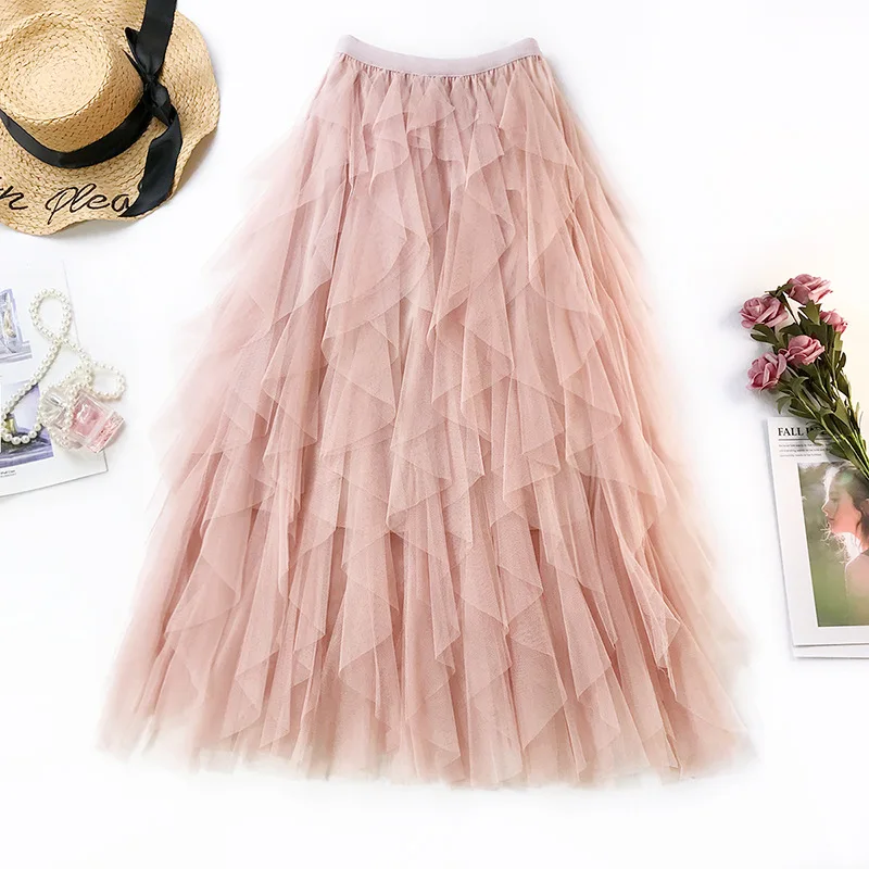 Fashion Tutu Tulle Skirt Women Long Maxi Skirt 2024 Spring Summer Korean Black Pink High Waist Pleated Skirt Female
