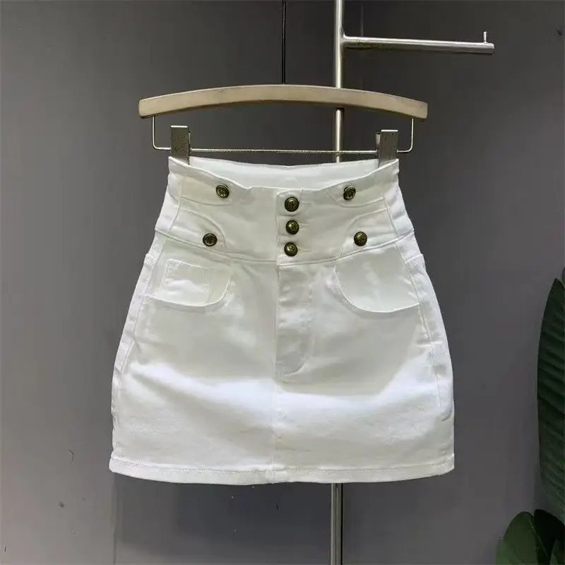New White High-Waisted Denim Skirt Button A-Word Hip Skirts for Women with Pocket