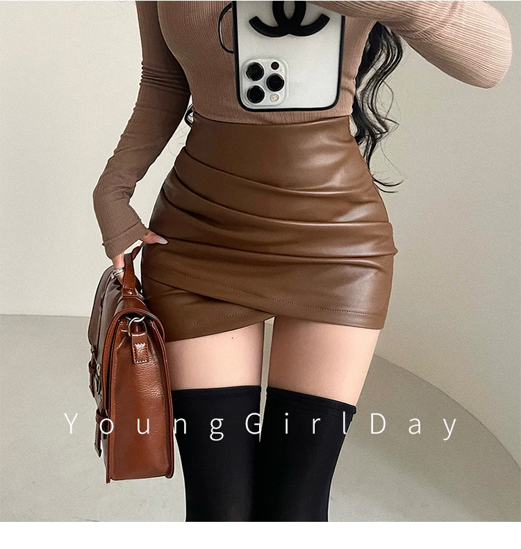 WOMENGAGA Spicy Girl Sexy High Waist Slim A-LINE Wrinkle Wrapped Hip PU Leather Skirt Short Skirt Sweet Korean Women 8EGA