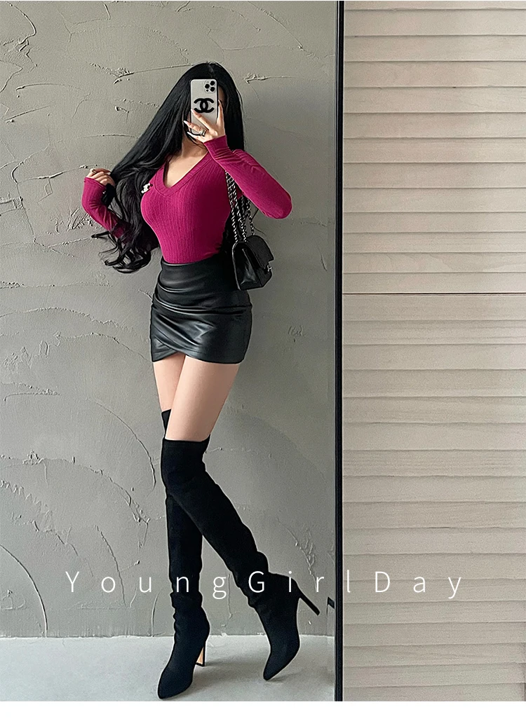 WOMENGAGA Spicy Girl Sexy High Waist Slim A-LINE Wrinkle Wrapped Hip PU Leather Skirt Short Skirt Sweet Korean Women 8EGA