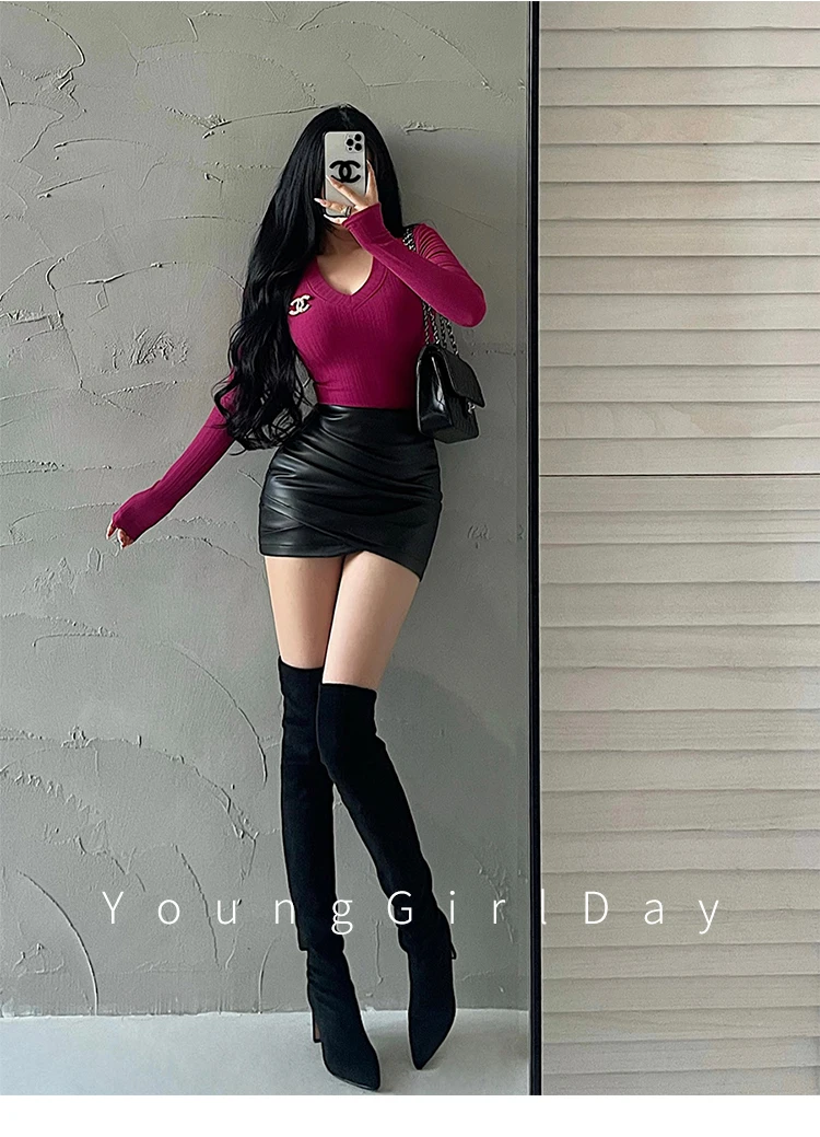 WOMENGAGA Spicy Girl Sexy High Waist Slim A-LINE Wrinkle Wrapped Hip PU Leather Skirt Short Skirt Sweet Korean Women 8EGA