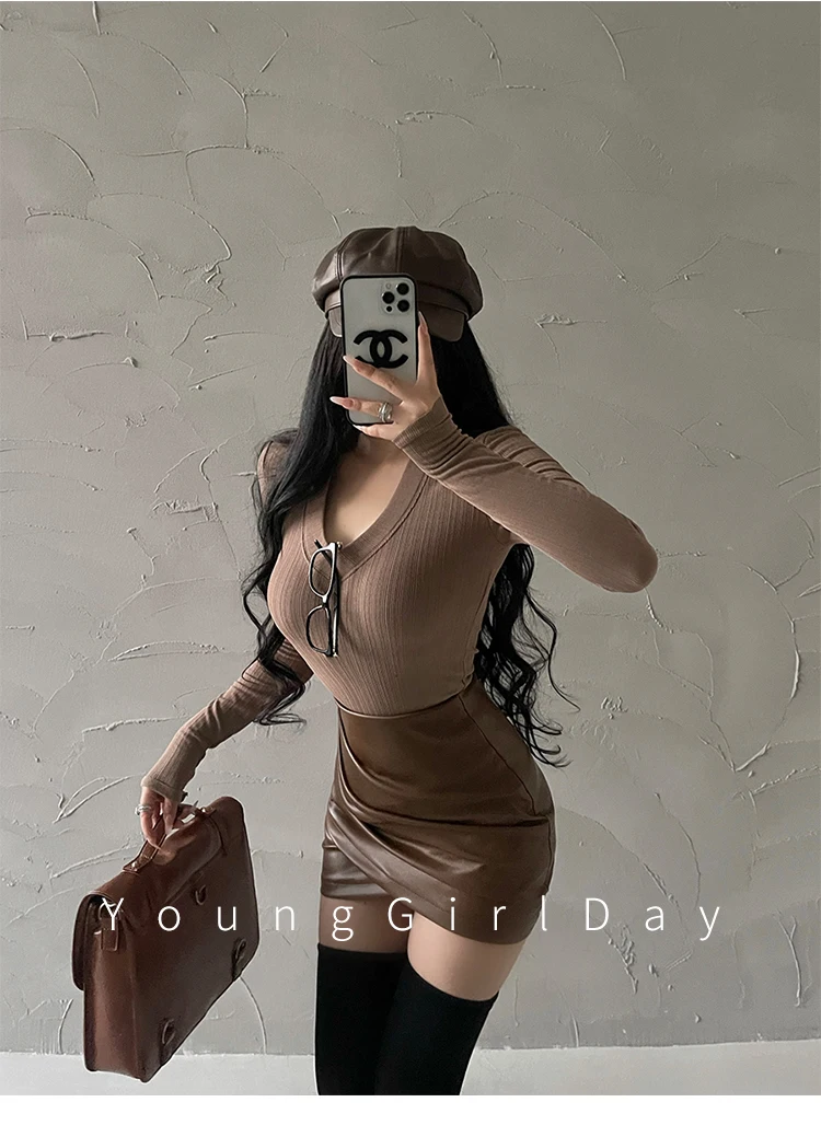 WOMENGAGA Spicy Girl Sexy High Waist Slim A-LINE Wrinkle Wrapped Hip PU Leather Skirt Short Skirt Sweet Korean Women 8EGA