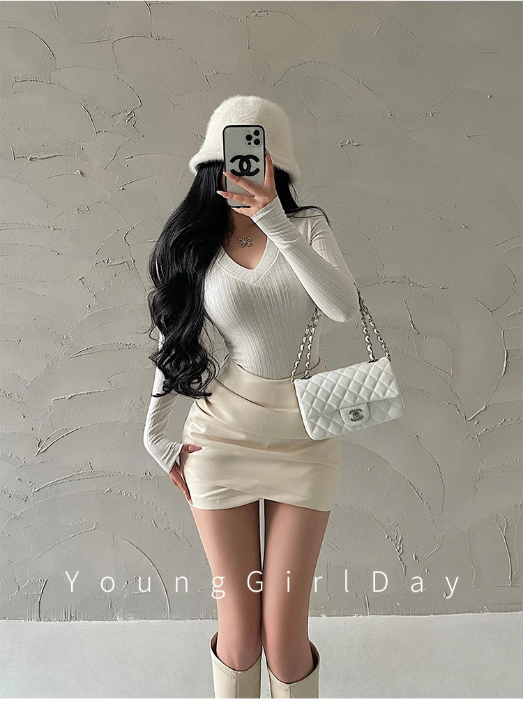 WOMENGAGA Spicy Girl Sexy High Waist Slim A-LINE Wrinkle Wrapped Hip PU Leather Skirt Short Skirt Sweet Korean Women 8EGA