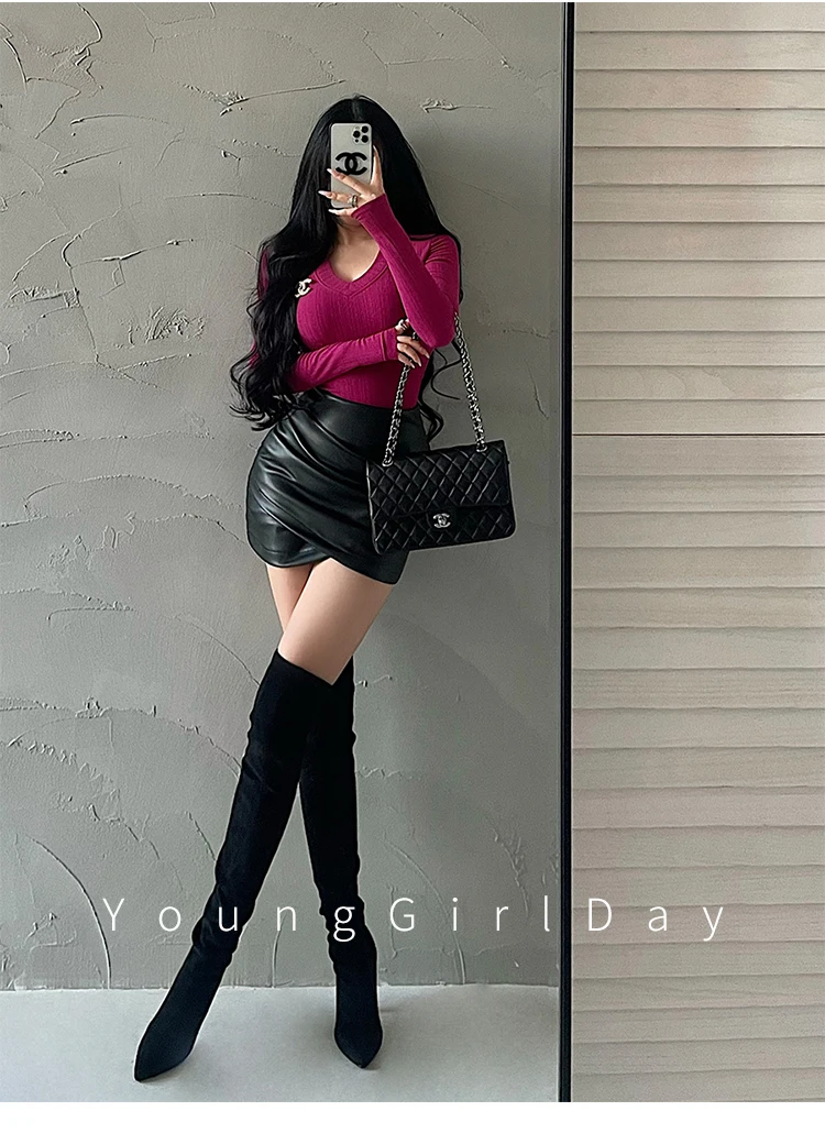 WOMENGAGA Spicy Girl Sexy High Waist Slim A-LINE Wrinkle Wrapped Hip PU Leather Skirt Short Skirt Sweet Korean Women 8EGA