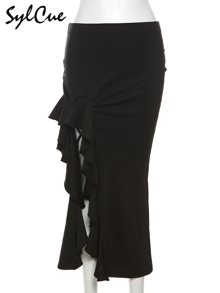 Nibber All-match Commuter Casual Young Girl Summer New Black Cross Simple Sexy Cool Breathable Soft Women's Knit Split Skirt