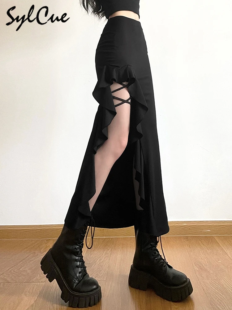 Nibber All-match Commuter Casual Young Girl Summer New Black Cross Simple Sexy Cool Breathable Soft Women's Knit Split Skirt