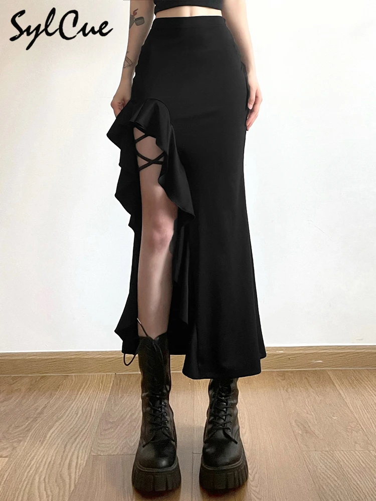 Nibber All-match Commuter Casual Young Girl Summer New Black Cross Simple Sexy Cool Breathable Soft Women's Knit Split Skirt