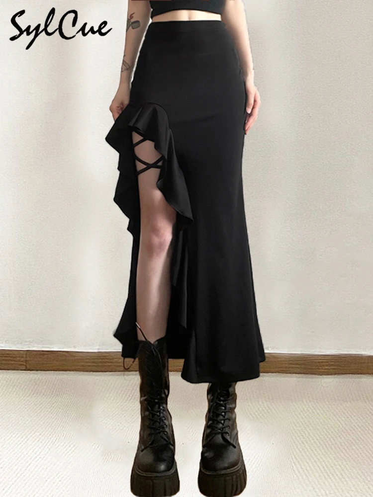 Nibber All-match Commuter Casual Young Girl Summer New Black Cross Simple Sexy Cool Breathable Soft Women's Knit Split Skirt