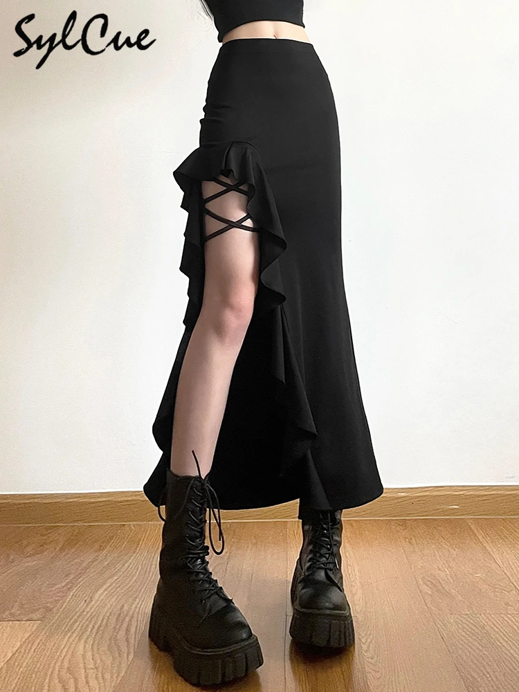 Nibber All-match Commuter Casual Young Girl Summer New Black Cross Simple Sexy Cool Breathable Soft Women's Knit Split Skirt