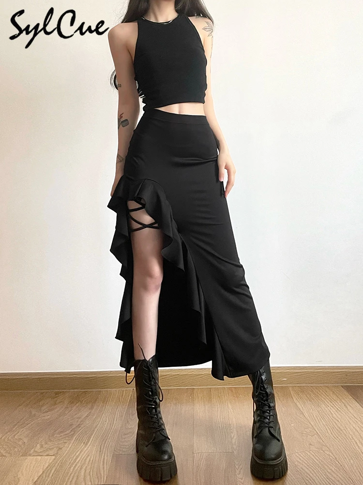 Nibber All-match Commuter Casual Young Girl Summer New Black Cross Simple Sexy Cool Breathable Soft Women's Knit Split Skirt