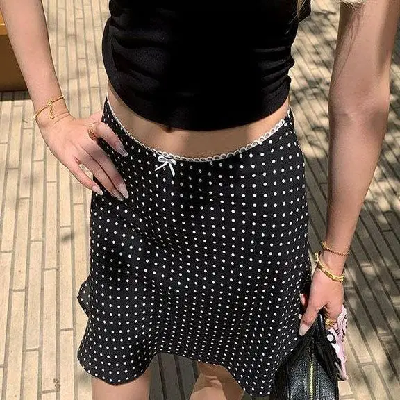 Sweet Casual Bow Knit Polka Dot Mujer Faldas New High Waist A-line Slim Skirt Korea Chic Vintage All-match Trendy Hot Sell Falda