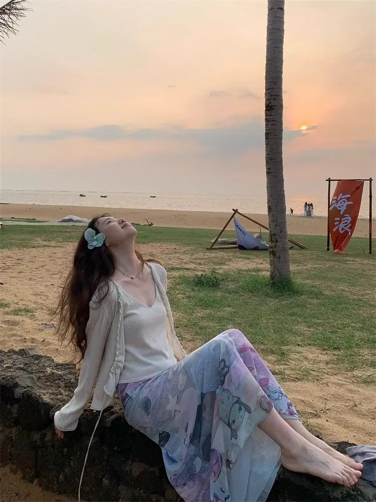 Aoaiiys Skirts Women Print Pattern Mesh Skirt Fashion Vintage A-Line Skirt 2026 Summer New Comfortable High Waisted Long Skirts