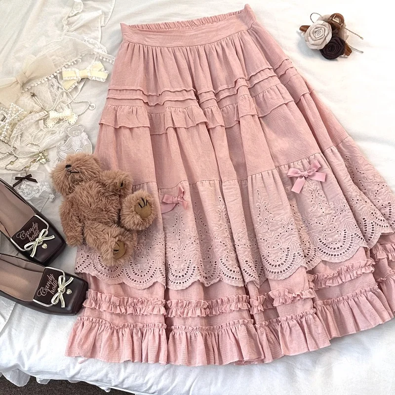Mori Girl Style Lolita Midi Skirt Women Vintage Embroidery Lace Floral Bow Ruffles Long Skirts Female Prairie Chic Party Skirt