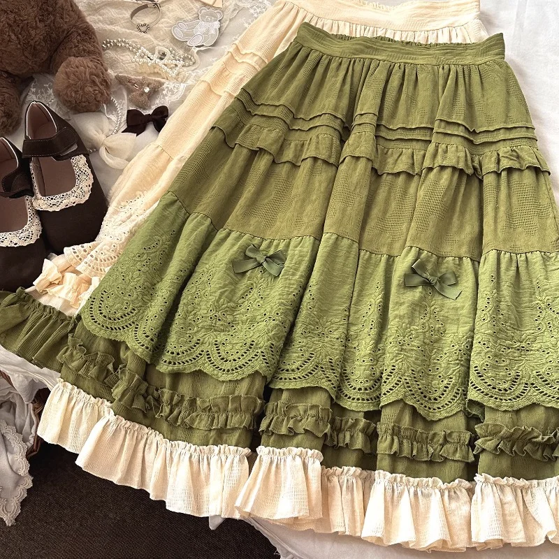 Mori Girl Style Lolita Midi Skirt Women Vintage Embroidery Lace Floral Bow Ruffles Long Skirts Female Prairie Chic Party Skirt