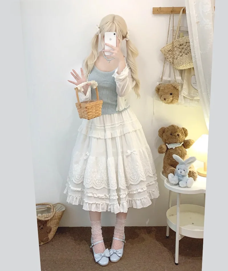 Mori Girl Style Lolita Midi Skirt Women Vintage Embroidery Lace Floral Bow Ruffles Long Skirts Female Prairie Chic Party Skirt