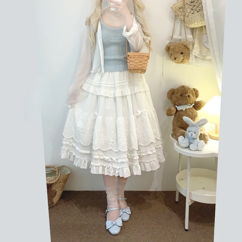 Mori Girl Style Lolita Midi Skirt Women Vintage Embroidery Lace Floral Bow Ruffles Long Skirts Female Prairie Chic Party Skirt