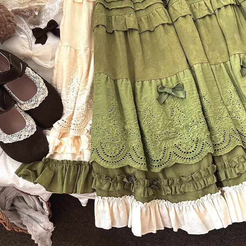 Mori Girl Style Lolita Midi Skirt Women Vintage Embroidery Lace Floral Bow Ruffles Long Skirts Female Prairie Chic Party Skirt