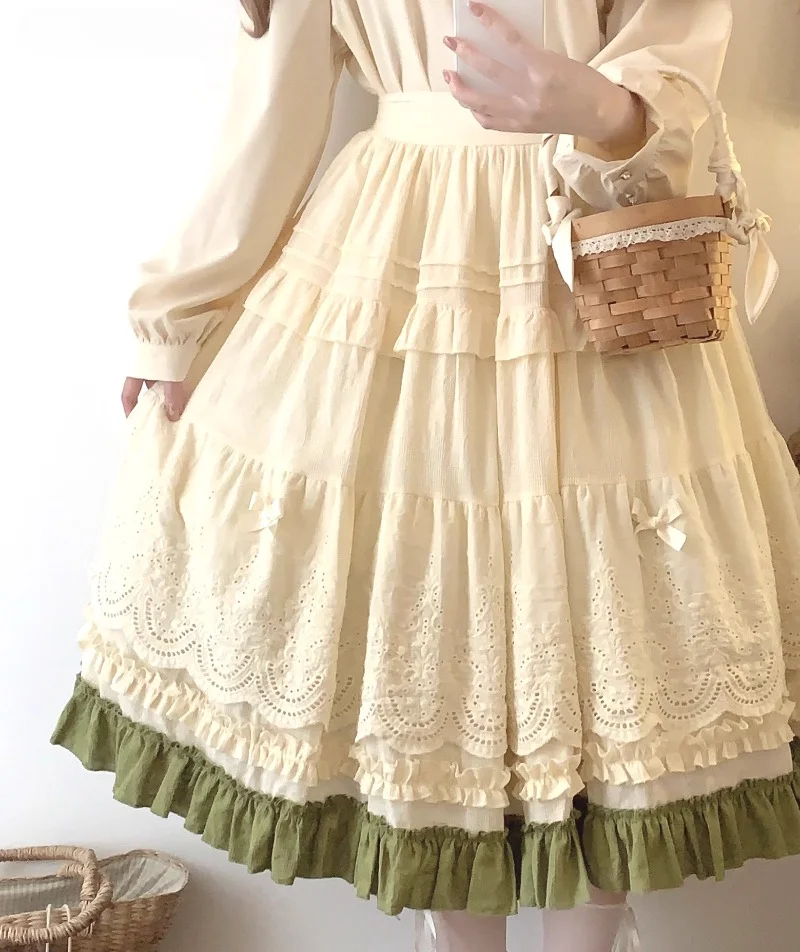 Mori Girl Style Lolita Midi Skirt Women Vintage Embroidery Lace Floral Bow Ruffles Long Skirts Female Prairie Chic Party Skirt
