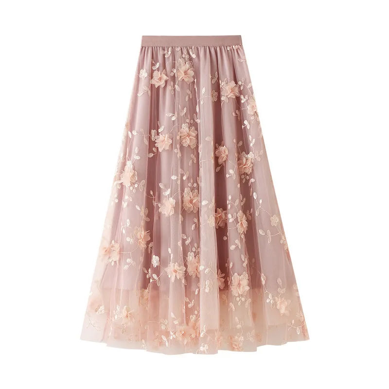 New In 2025 Women's Spring Summer Floral Embroidery Mesh Elegant Midi Long Skirt Female High Waist Sweet A-line Tulle Faldas
