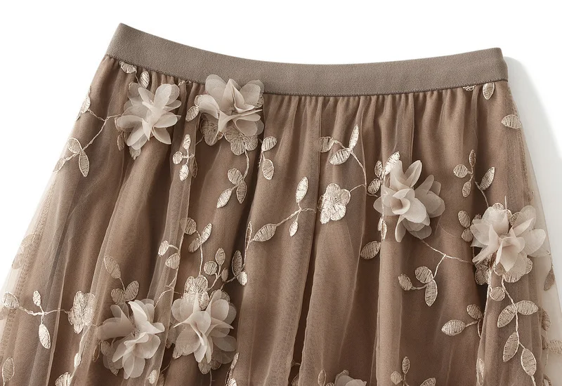 New In 2025 Women's Spring Summer Floral Embroidery Mesh Elegant Midi Long Skirt Female High Waist Sweet A-line Tulle Faldas