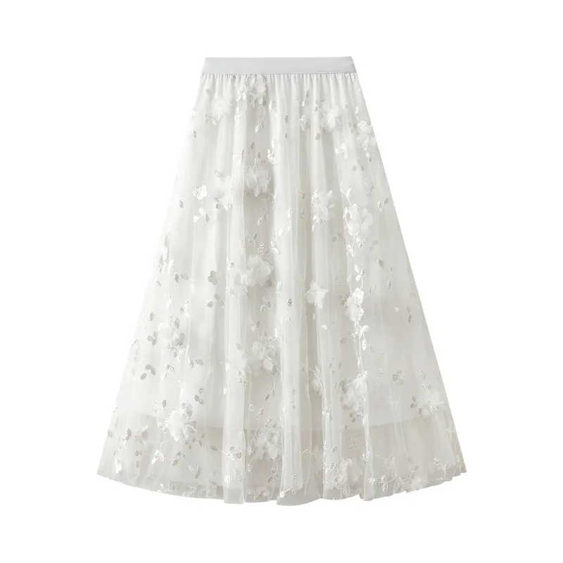 New In 2025 Women's Spring Summer Floral Embroidery Mesh Elegant Midi Long Skirt Female High Waist Sweet A-line Tulle Faldas