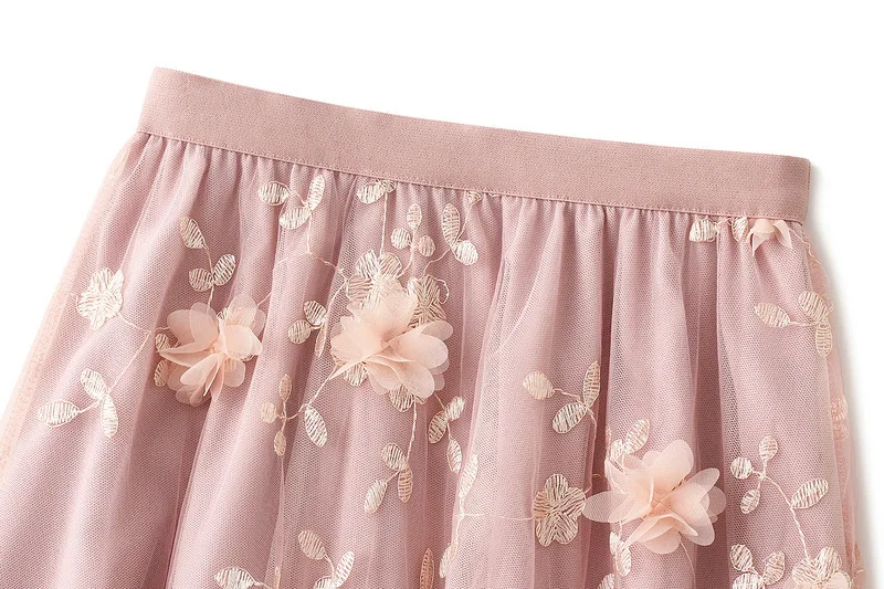 New In 2025 Women's Spring Summer Floral Embroidery Mesh Elegant Midi Long Skirt Female High Waist Sweet A-line Tulle Faldas