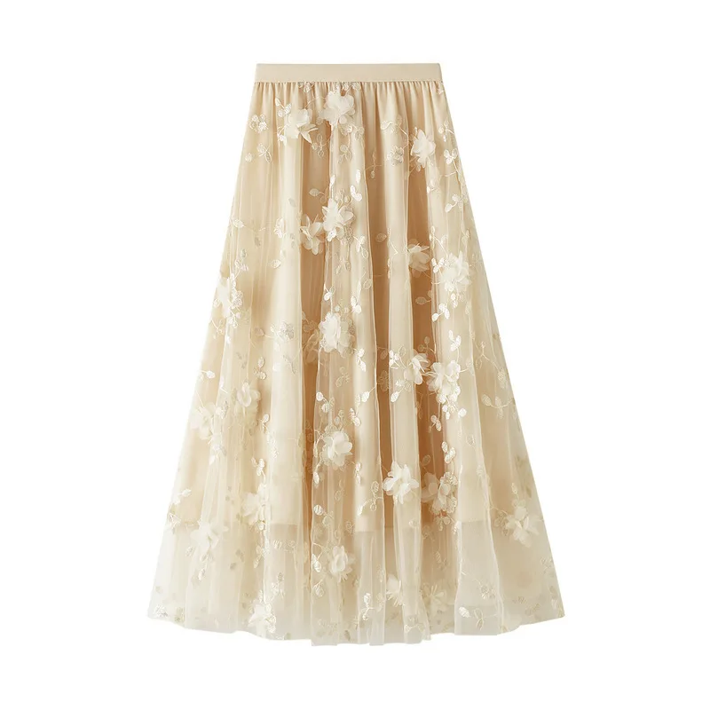 New In 2025 Women's Spring Summer Floral Embroidery Mesh Elegant Midi Long Skirt Female High Waist Sweet A-line Tulle Faldas