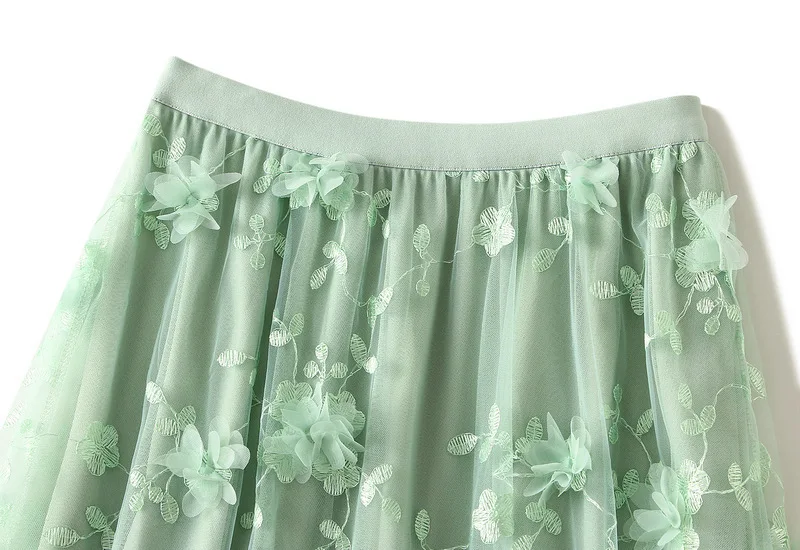 New In 2025 Women's Spring Summer Floral Embroidery Mesh Elegant Midi Long Skirt Female High Waist Sweet A-line Tulle Faldas