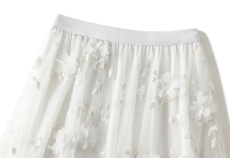 New In 2025 Women's Spring Summer Floral Embroidery Mesh Elegant Midi Long Skirt Female High Waist Sweet A-line Tulle Faldas