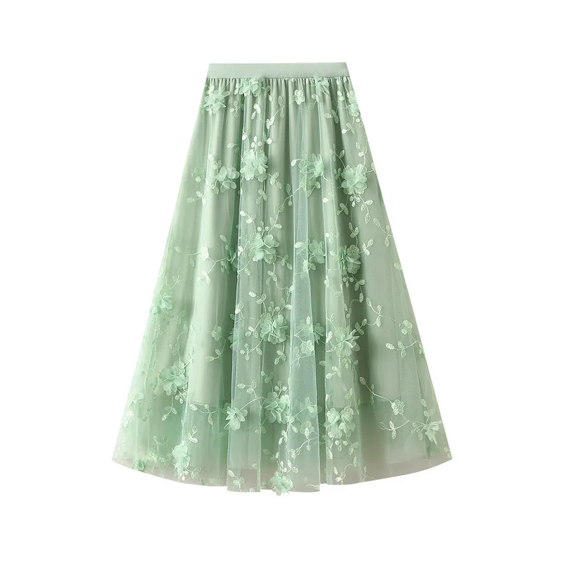 New In 2025 Women's Spring Summer Floral Embroidery Mesh Elegant Midi Long Skirt Female High Waist Sweet A-line Tulle Faldas