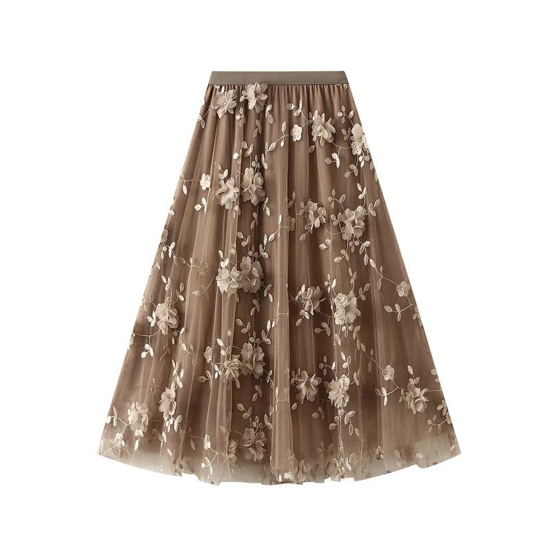 New In 2025 Women's Spring Summer Floral Embroidery Mesh Elegant Midi Long Skirt Female High Waist Sweet A-line Tulle Faldas