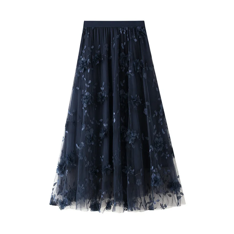 New In 2025 Women's Spring Summer Floral Embroidery Mesh Elegant Midi Long Skirt Female High Waist Sweet A-line Tulle Faldas