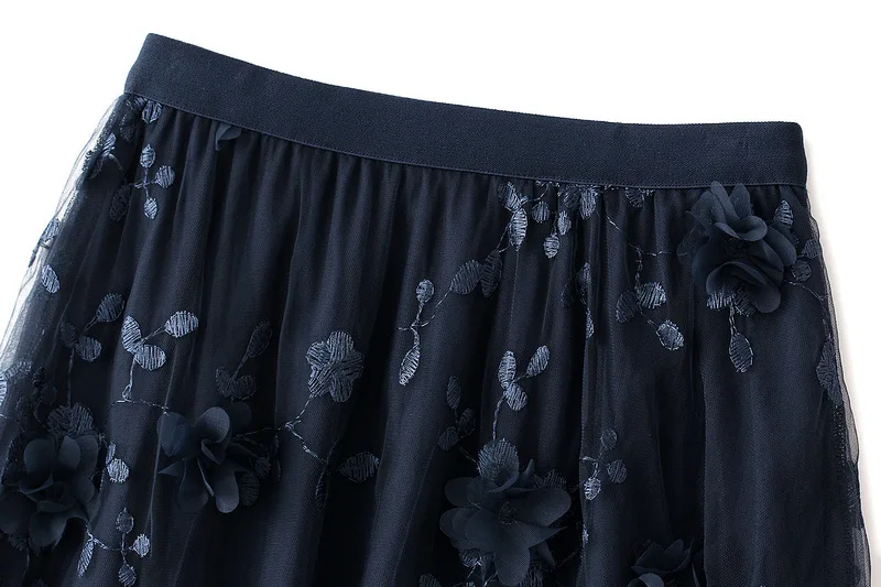New In 2025 Women's Spring Summer Floral Embroidery Mesh Elegant Midi Long Skirt Female High Waist Sweet A-line Tulle Faldas