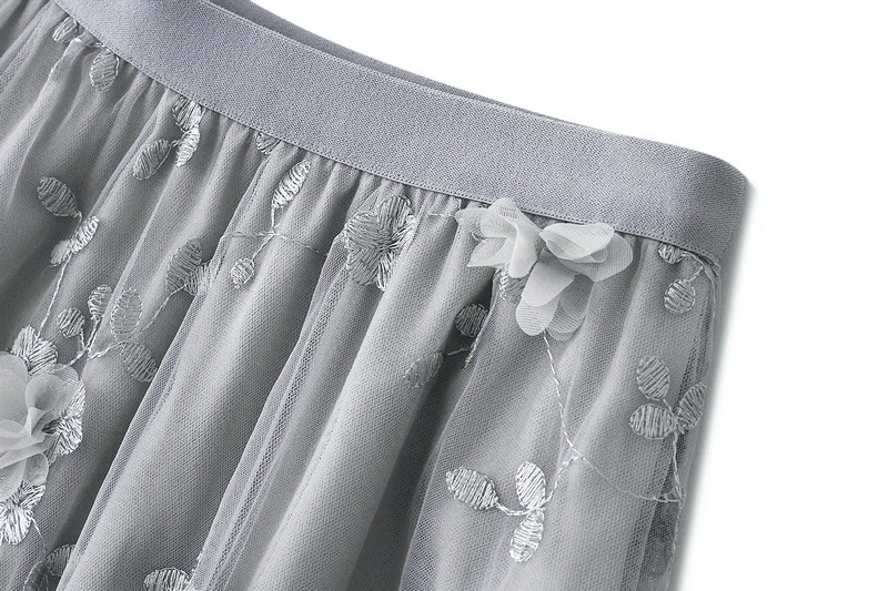 New In 2025 Women's Spring Summer Floral Embroidery Mesh Elegant Midi Long Skirt Female High Waist Sweet A-line Tulle Faldas