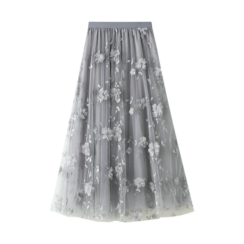 New In 2025 Women's Spring Summer Floral Embroidery Mesh Elegant Midi Long Skirt Female High Waist Sweet A-line Tulle Faldas