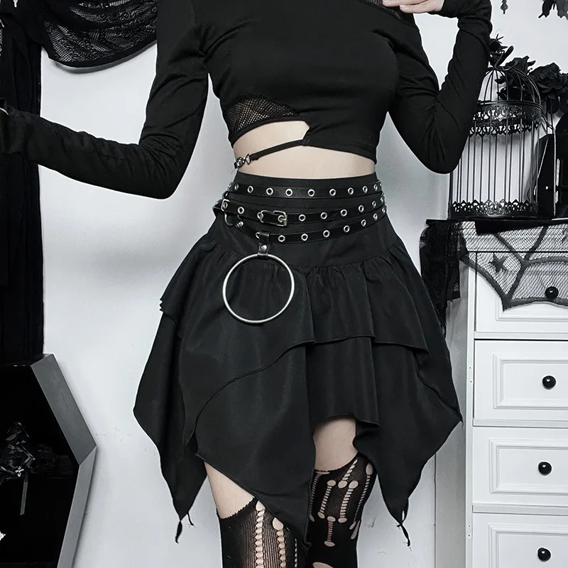 Summer Fashion Short Skirts New Sexy Women Gothic Punk Irregular Skirts Solid Color Drawstring Tie-Up Ruched Ruffles Mini Skirt