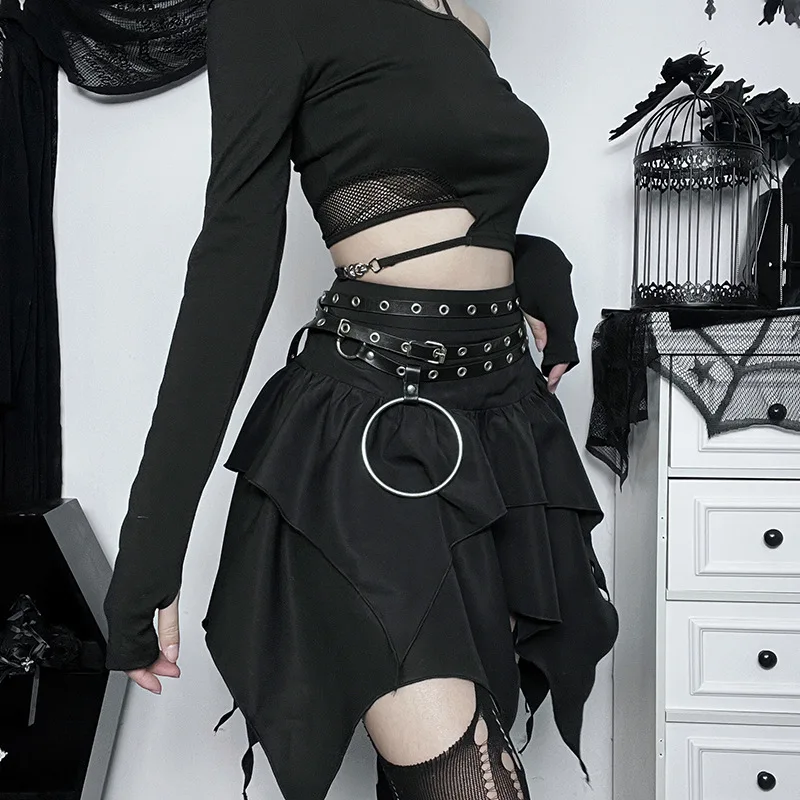 Summer Fashion Short Skirts New Sexy Women Gothic Punk Irregular Skirts Solid Color Drawstring Tie-Up Ruched Ruffles Mini Skirt