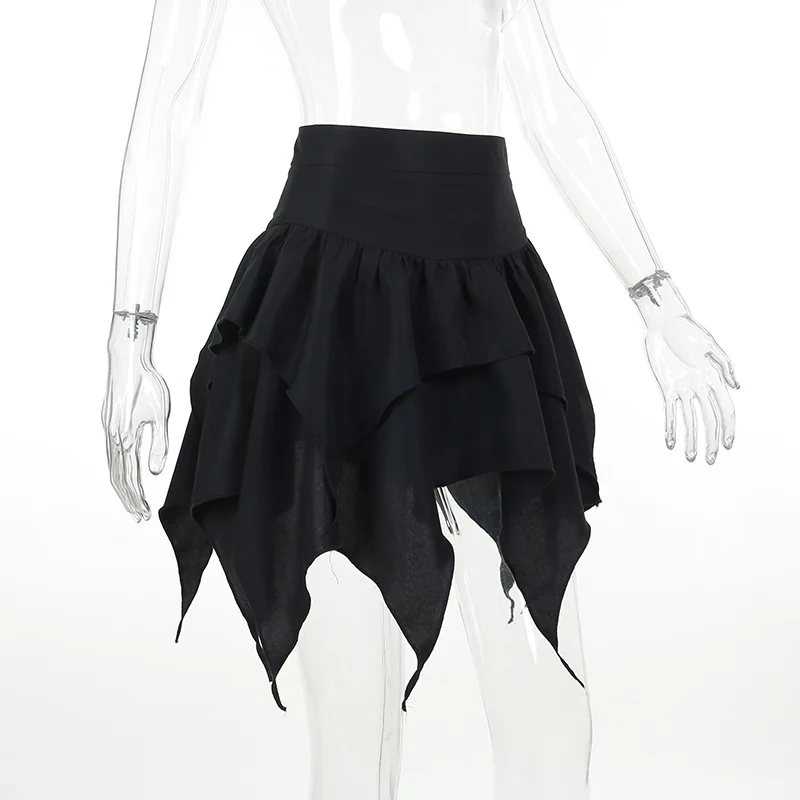 Summer Fashion Short Skirts New Sexy Women Gothic Punk Irregular Skirts Solid Color Drawstring Tie-Up Ruched Ruffles Mini Skirt