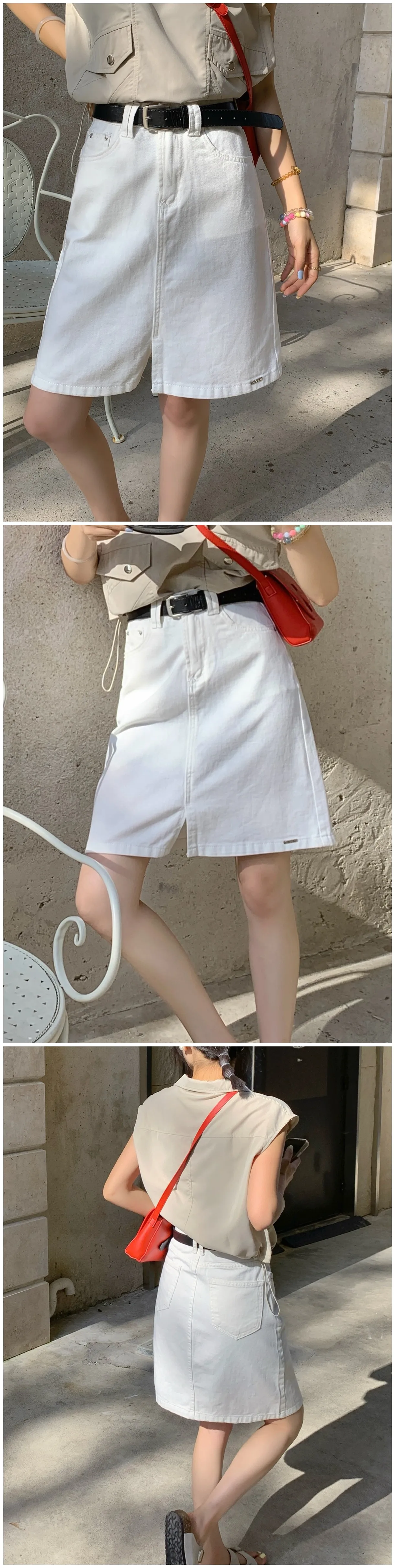 ZHISILAO New White High Waist A-line Denim Skirt Women Vintage Knee-length Jeans Shorts Summer 2024